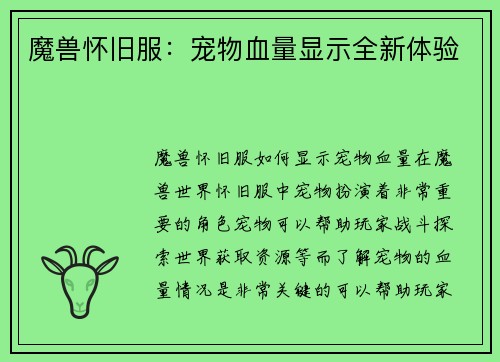 魔兽怀旧服：宠物血量显示全新体验